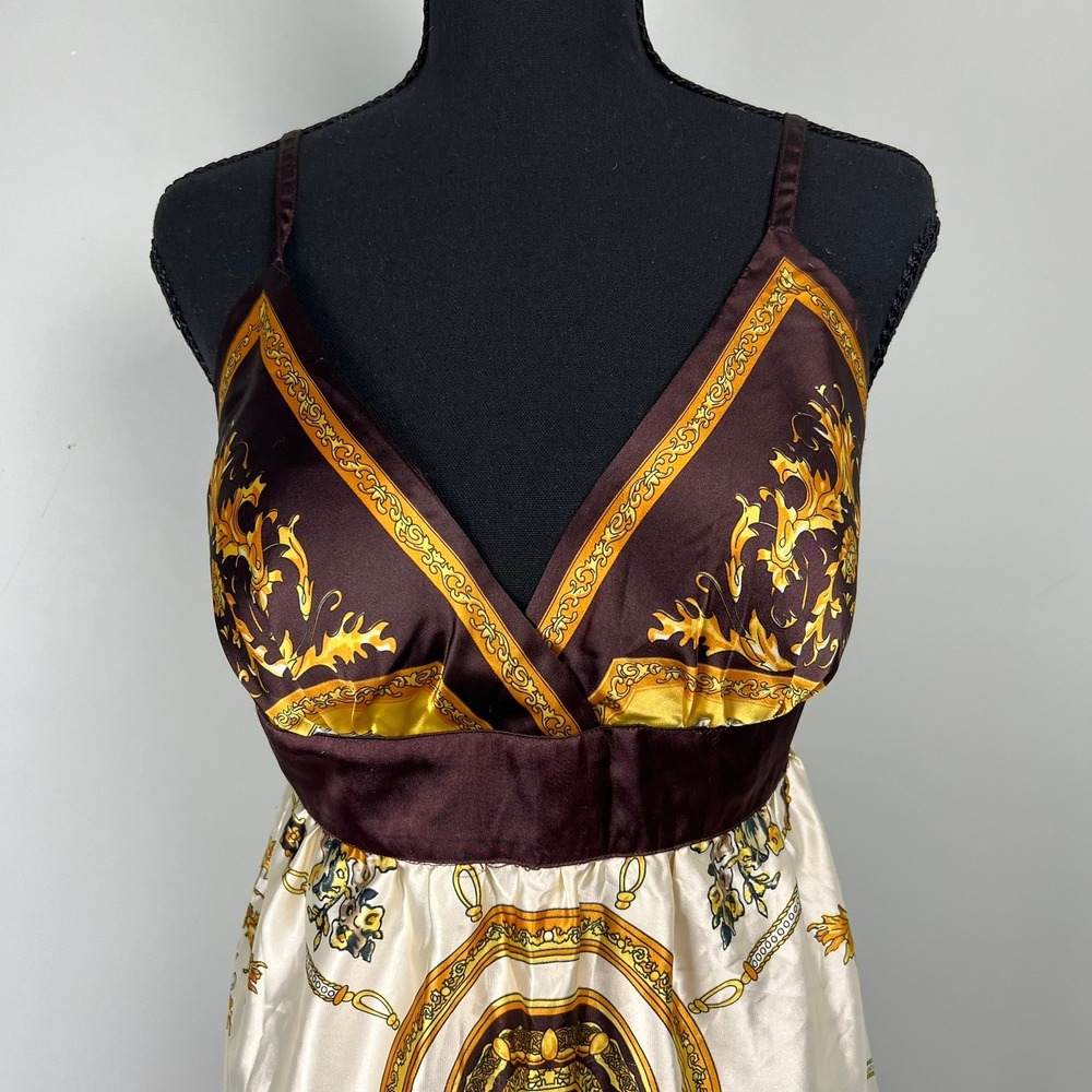 MKM Designs Brown Gold Baroque Scarf Print Top M Empire Waist Babydoll Glam Y2k - Picture 3 of 9